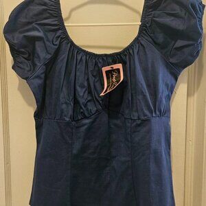 Pinup Couture PUG Peasant Top in Blue Sateen - XL - NWT